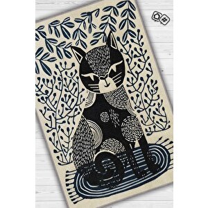 Homshtag Kedi Sanatı, Mavi Renkli Kedi Desenli,i̇skandinav ,pamuklu Dokuma Tabanlı Yıkanabilir Bej Kedi Sever Halısı