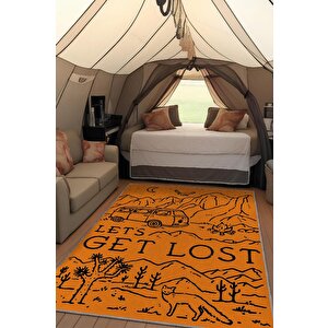 Homshtag Kaybolalım,seyahat Temalı Sarı Halı,çadır Halısı,kamp Halısı,pamuklu Dokuma Tabanlı Yıkanabilir Dekoratif Halı 80x120 cm