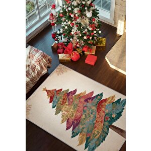 Yeni Yıl Temalı Halı Krem Renkli Yeni Yıl Parti Halısı Minimal Yılbaşı Temal Halı 80x120 cm