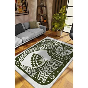 Homshtag Çinili Kedi,yeşil Renkli Kedi Desenli Modern,dokuma Taban Yıkanabilir Bej Kedi Sever Halısı