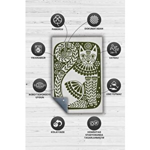 Homshtag Çinili Kedi,yeşil Renkli Kedi Desenli Modern,dokuma Taban Yıkanabilir Bej Kedi Sever Halısı