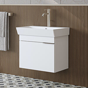 Likya Tek Kapaklı Lavabolu 59 Cm Banyo Dolabı Alt, Lavabolu Banyo Alt Dolabı Mat Beyaz Beyaz