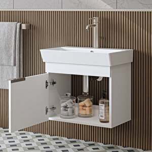 Likya Tek Kapaklı Lavabolu 59 Cm Banyo Dolabı Alt, Lavabolu Banyo Alt Dolabı Mat Beyaz Beyaz