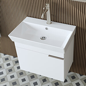 Likya Tek Kapaklı Lavabolu 59 Cm Banyo Dolabı Alt, Lavabolu Banyo Alt Dolabı Mat Beyaz