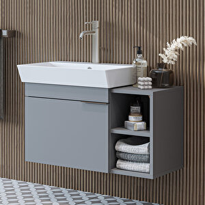 Likya Tek Kapaklı Açık Raflı Lavabolu 82 Cm Banyo Dolabı Alt, Lavabolu Alt Banyo Dolabı Kül Gri̇