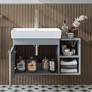 Likya Tek Kapaklı Açık Raflı Lavabolu 82 Cm Banyo Dolabı Alt, Lavabolu Alt Banyo Dolabı Kül Gri̇
