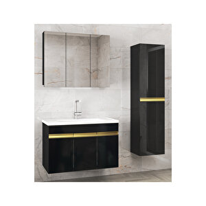 Viola3-asgold 100 +35 Cm Seramik Lavabolu Banyo Dolabı Seti, Boy Dolaplı Banyo Dolabı