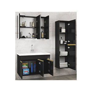 Viola3-asgold 100 +35 Cm Seramik Lavabolu Banyo Dolabı Seti, Boy Dolaplı Banyo Dolabı