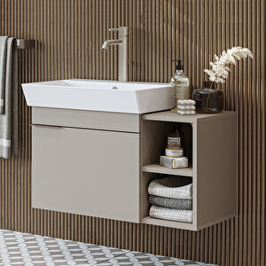 Likya Tek Kapaklı Açık Raflı Lavabolu 82 Cm Banyo Dolabı Alt, Lavabolu Alt Banyo Dolabı Kumtaşi Kumtaşı