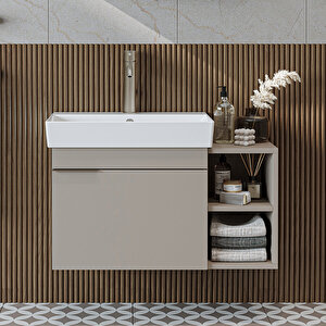 Likya Tek Kapaklı Açık Raflı Lavabolu 82 Cm Banyo Dolabı Alt, Lavabolu Alt Banyo Dolabı Kumtaşi Kumtaşı