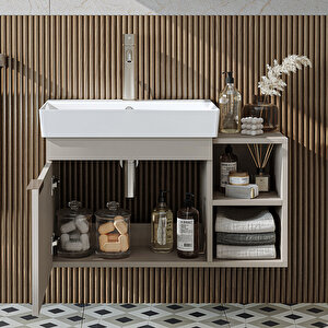 Likya Tek Kapaklı Açık Raflı Lavabolu 82 Cm Banyo Dolabı Alt, Lavabolu Alt Banyo Dolabı Kumtaşi