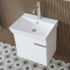 Roomart Likya Ayaksız Tek Kapaklı Lavabolu 49 Cm Banyo Dolabı Alt, Mini Lavabolu Alt Banyo Dolabı Beyaz