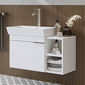 Likya Tek Kapaklı Açık Raflı Lavabolu 82 Cm Banyo Dolabı Alt, Lavabolu Alt Banyo Dolabı Beyaz Beyaz