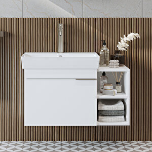 Likya Tek Kapaklı Açık Raflı Lavabolu 82 Cm Banyo Dolabı Alt, Lavabolu Alt Banyo Dolabı Beyaz Beyaz