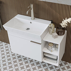 Likya Tek Kapaklı Açık Raflı Lavabolu 82 Cm Banyo Dolabı Alt, Lavabolu Alt Banyo Dolabı Beyaz