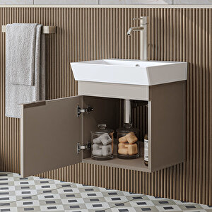 Likya Ayaksız Tek Kapaklı Lavabolu 49 Cm Banyo Dolabı Alt, Mini Lavabolu Alt Banyo Dolabı Kumtaşi Kumtaşı