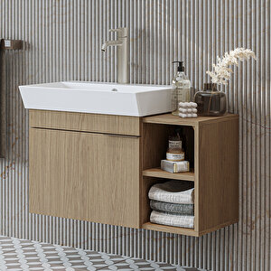 Likya Tek Kapaklı Açık Raflı Lavabolu 82 Cm Banyo Dolabı Alt, Lavabolu Alt Banyo Dolabı Klimt Meşe