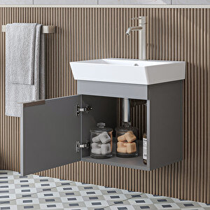 Likya Ayaksız Tek Kapaklı Lavabolu 49 Cm Banyo Dolabı Alt, Mini Lavabolu Alt Banyo Dolabı Kül Gri̇ Kül Gri