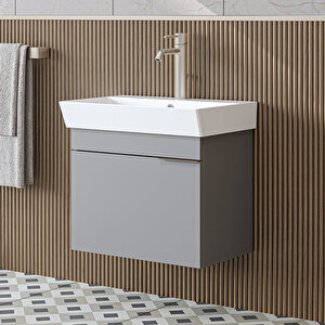 Likya Tek Kapaklı Lavabolu 59 Cm Banyo Dolabı Alt, Lavabolu Banyo Alt Dolabı Kül Gri̇