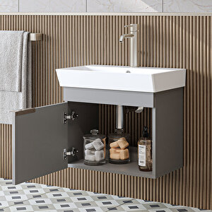 Likya Tek Kapaklı Lavabolu 59 Cm Banyo Dolabı Alt, Lavabolu Banyo Alt Dolabı Kül Gri̇