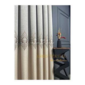 Fon Perde - Evora Desen Pano Fon, Gri - Krem Sık Pileli - (tek Kanat) 90x245 cm