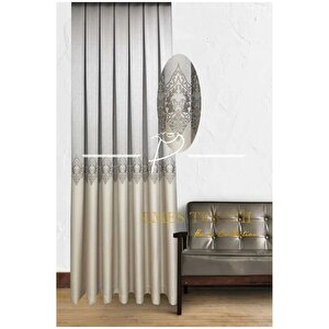 Fon Perde - Evora Desen Pano Fon, Gri - Krem Sık Pileli - (tek Kanat) 90x245 cm