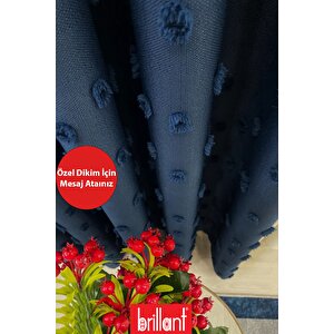 Fon Perde Lacivert Pufy Brillant Püsküllü, Ponponlu, Saçaklı Fon Perde Sık Pileli Keten Pano Fon 70x260 cm