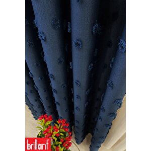 Fon Perde Lacivert Pufy Brillant Püsküllü, Ponponlu, Saçaklı Fon Perde Sık Pileli Keten Pano Fon 70x260 cm