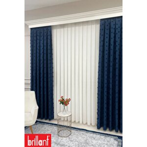 Fon Perde Lacivert Pufy Brillant Püsküllü, Ponponlu, Saçaklı Fon Perde Sık Pileli Keten Pano Fon 70x260 cm