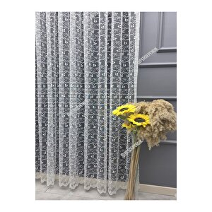 Tül Perde Kırık Beyaz Ekru Çiçek Desenli İşlemeli Salon Mutfak Kısa Petek Üstü Kırışmaz Sık Pileli 150x200 cm