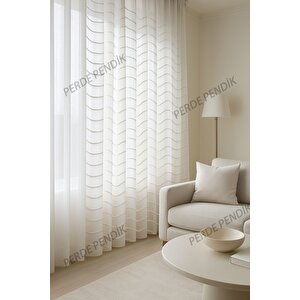 Belenay Tül Perde, Ekru Kırık Beyaz, Sık Pile , Saçak, Puf, Püsküllü, Zikzak Desenli Dalgalı 450x260 cm