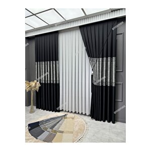 Pano Fon Perde, Elegans Seri, Siyah Gümüş Gri Versace, Blackout, Taç, Karartma, Brillant (tek Kanat) 80x280 cm