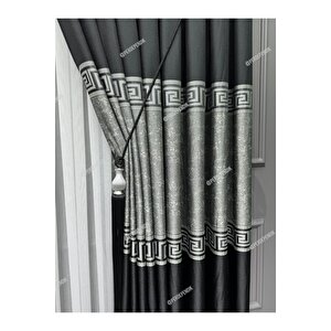 Pano Fon Perde, Elegans Seri, Siyah Gümüş Gri Versace, Blackout, Taç, Karartma, Brillant (tek Kanat) 80x280 cm
