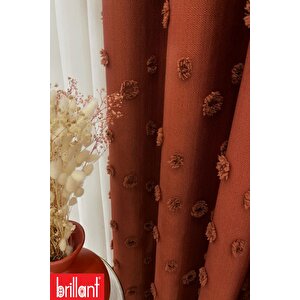 Fon Perde Kiremit Pufy Brillant Püsküllü, Ponponlu, Saçaklı Fon Perde Sık Pileli Keten Pano Fon 90x240 cm