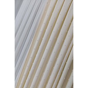 Derya Krem Çift Kanat Keten Dokulu Ponponlu Fon Perde 1x3 Sık Pile