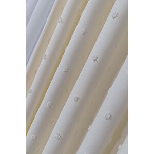 Derya Krem Çift Kanat Keten Dokulu Ponponlu Fon Perde 1x3 Sık Pile