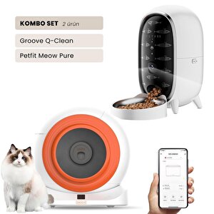 Groove Q-clean Wi-fi Akıllı Otomatik Kedi Tuvaleti Turuncu + Petfit Meow Pure 3l Wi-fi Kameralı Akıllı Otomatik Mama Kabı Besleme