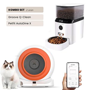 Groove Q-clean Wi-fi Akıllı Otomatik Kedi Tuvaleti Turuncu + Petfit Autodine X 5l Wi-fi Kameralı Akıllı Otomatik Mama Kabı Besleme