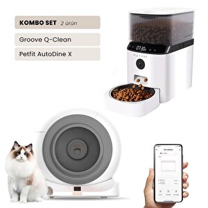 Groove Q-clean Wi-fi Akıllı Otomatik Kedi Tuvaleti Gri + Petfit Autodine X 5l Wi-fi Kameralı Akıllı Otomatik Mama Kabı Besleme Üni
