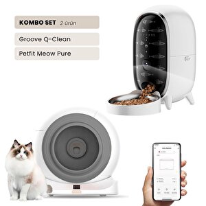 Groove Q-clean Wi-fi Akıllı Otomatik Kedi Tuvaleti Gri + Petfit Meow Pure 3l Wi-fi Kameralı Akıllı Otomatik Mama Kabı Besleme Ünit
