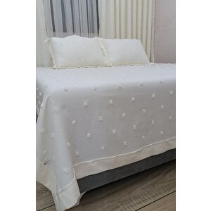 Derya Krem Keten Dokulu Ponponlu Yatak Örtüsü + 2 Adet Yastık Kılıfı  Özel Dikim