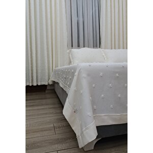 Derya Krem Keten Dokulu Ponponlu Yatak Örtüsü + 2 Adet Yastık Kılıfı  Özel Dikim