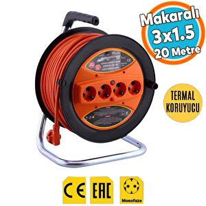 Seyyar Makaralı Uzatma Kablosu Cca 3x1.5 Mm 20 Metre Termal Sigortalı Plastik  4 Prizli Monofaze