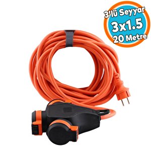 Seyyar Topraklı 3'lü Grup Priz Fiş 20 Metre Çoklu Cca Uzatma Kablosu 3x1.5 Mm Monofaze Çoğaltıcı