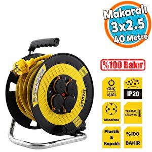 Kapaklı Plastik Makaralı Seyyar %100 Bakır Kablo 4 Prizli 40 Metre Uzatma Kablosu 3x2.5 Mm H05vv-f