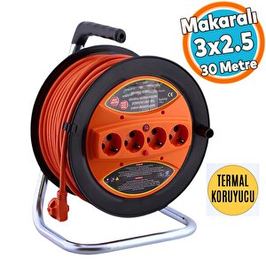 Plastik Seyyar Makaralı Cca Uzatma Kablosu 3x2.5 Mm 30 Metre 4 Prizli Monofaze Termal Sigortalı