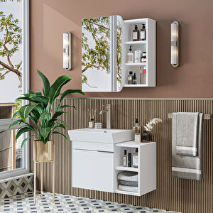 Likya Mdflam Lavabolu Banyo Dolabı Takımı, Tek Kapaklı 72 Cm Lavabolu Banyo Alt Dolabı + Üst Dolabı Mat Beyaz Beyaz
