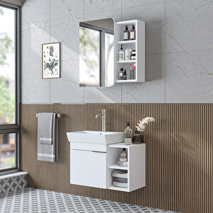 Likya Mdflam Lavabolu Banyo Dolabı Takımı, Tek Kapaklı 72 Cm Lavabolu Banyo Alt Dolabı + Üst Dolabı Mat Beyaz