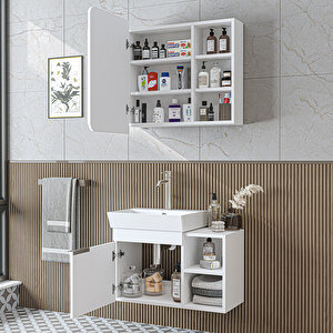 Likya Mdflam Lavabolu Banyo Dolabı Takımı, Tek Kapaklı 72 Cm Lavabolu Banyo Alt Dolabı + Üst Dolabı Mat Beyaz