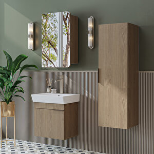 Likya Kapaklı Lavabolu 50 Cm Banyo Alt Dolabı + Üst Dolabı + Banyo Boy Dolabı Klimt Meşe
